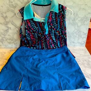 Ashworth  Blue Skort size 8 paired with multicolor geometric top